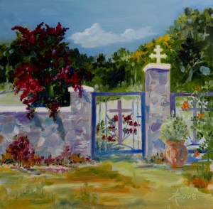 This gate is part of the beautiful Tharri Monastery on Rhodes, in Greece. I choose it to be my first painting of the challenge. 